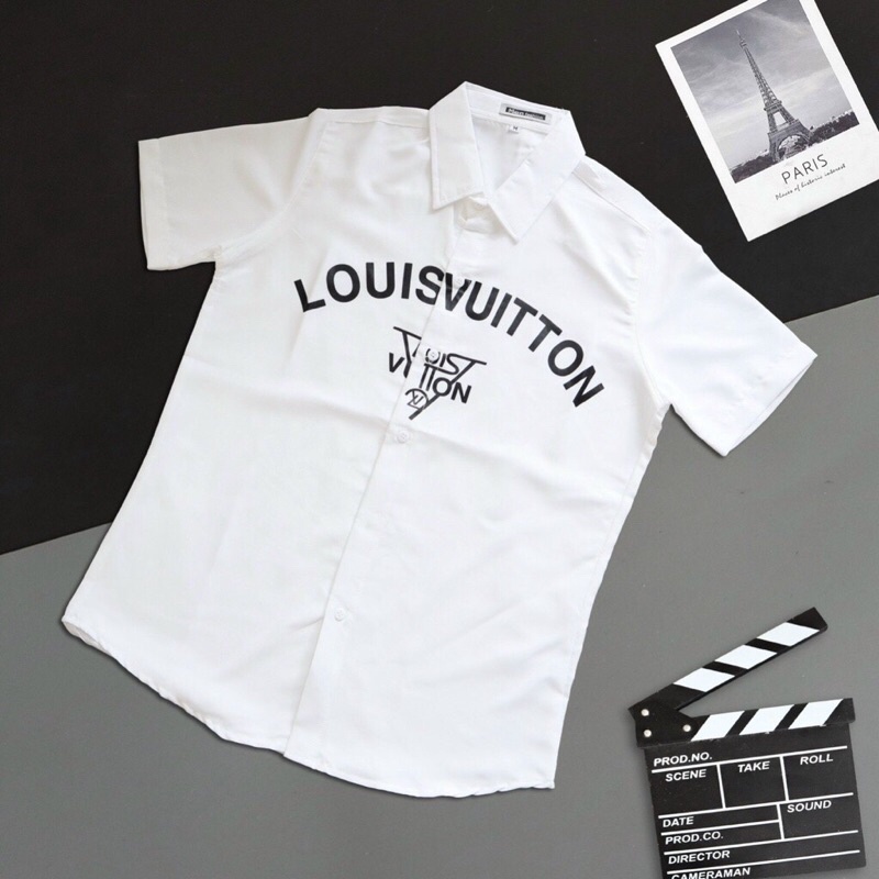 Áo sơ mi nam 3D ngắn tay chất vải lụa kate phối sọc tay in chữ THOMB , LV phong cách thời trang công sở tinh tế