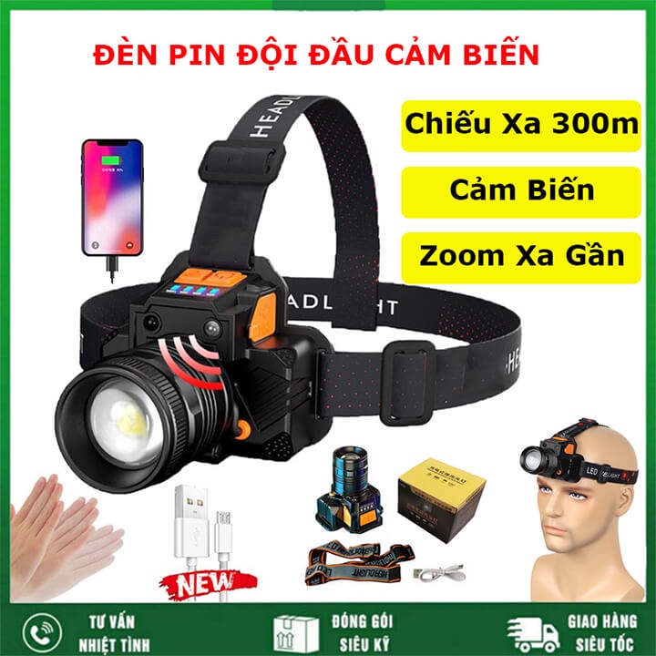 Đèn pin đội đầu siêu sáng 1 bóng chiếu xa 200m cảm biến vẫy tay, chip Led L9 chống thấm nước, đèn đeo trán Zoom xa gần