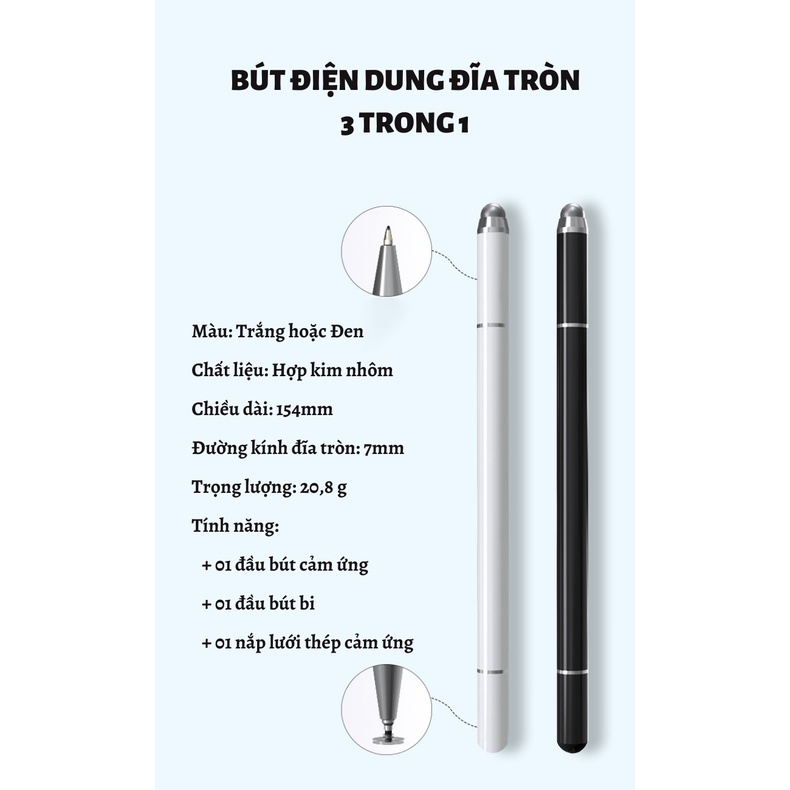 Bút cảm ứng điện dung đĩa tròn 3 trong 1 siêu nhạy, tương thích với tất cả các loại điện thoại và máy tính bảng.