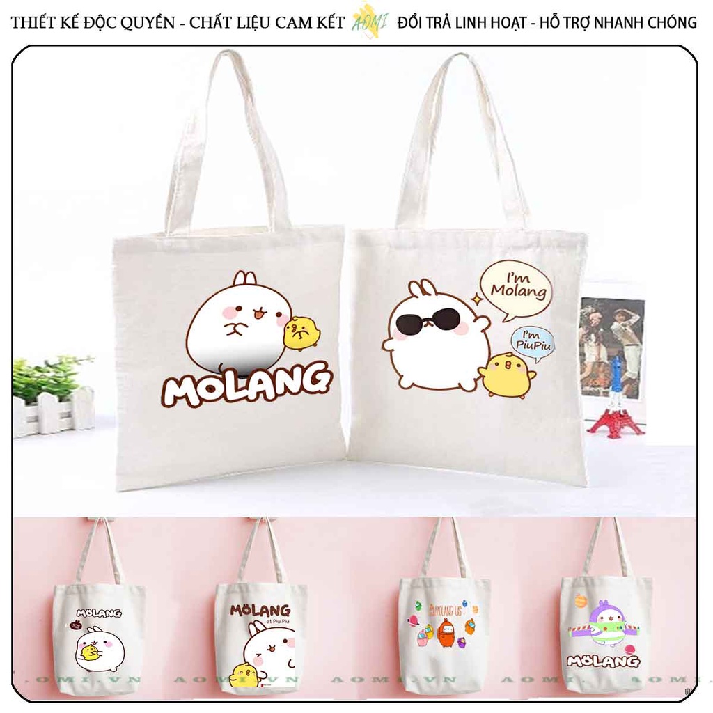TOTE CANVAS friend molang TÚI VẢI ĐEO VAI BAG CÓ KHÓA KÉO SIZE LỚN 33x38cm AOMIVN DU LỊCH DẠO PHỐ