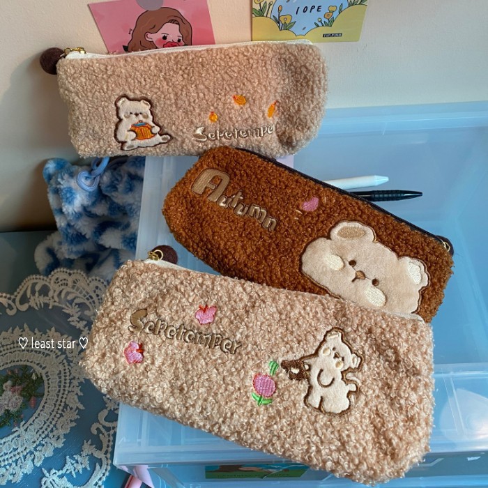 Túi Đựng Bút Thêu Hình Gấu Hoạt Hình Phối Khóa Kéo Xinh Xắn