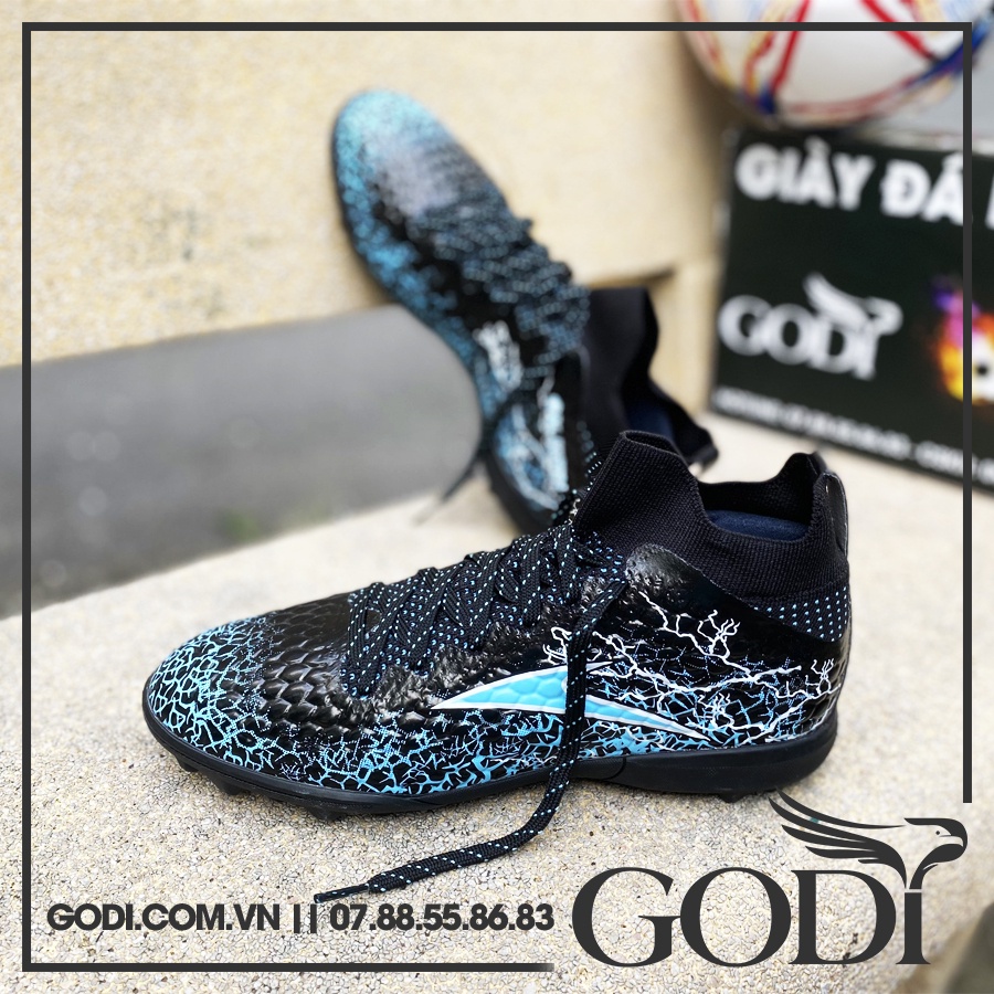 (size 40 - 44) Giày đá bóng cổ cao đinh TF sân nhân tạo đến size 44 - giày đá banh nam màu đen xanh cổ thun - Godi