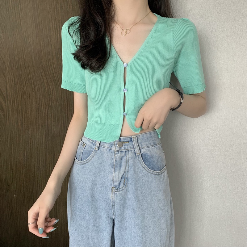 Áo sweater dệt kim Xiaozhainv tay ngắn phồng cổ chữ v 3 màu lựa chọn phong cách vintage thời trang cho nữ