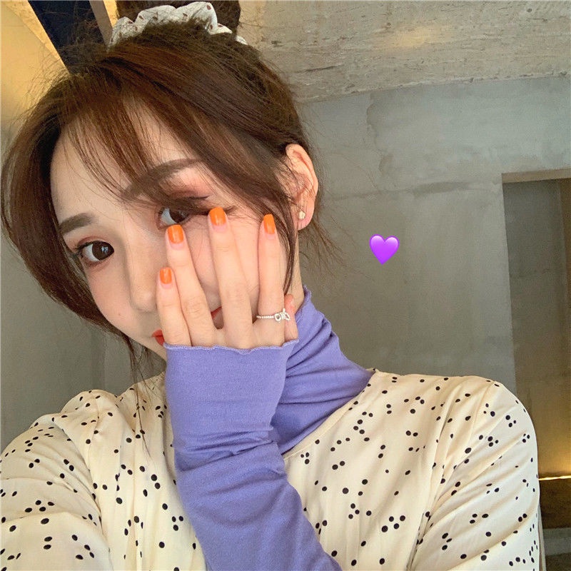 Áo Thun Nữ Tay Dài Cổ Cao Phối Ren Phong Cách Hàn Quốc