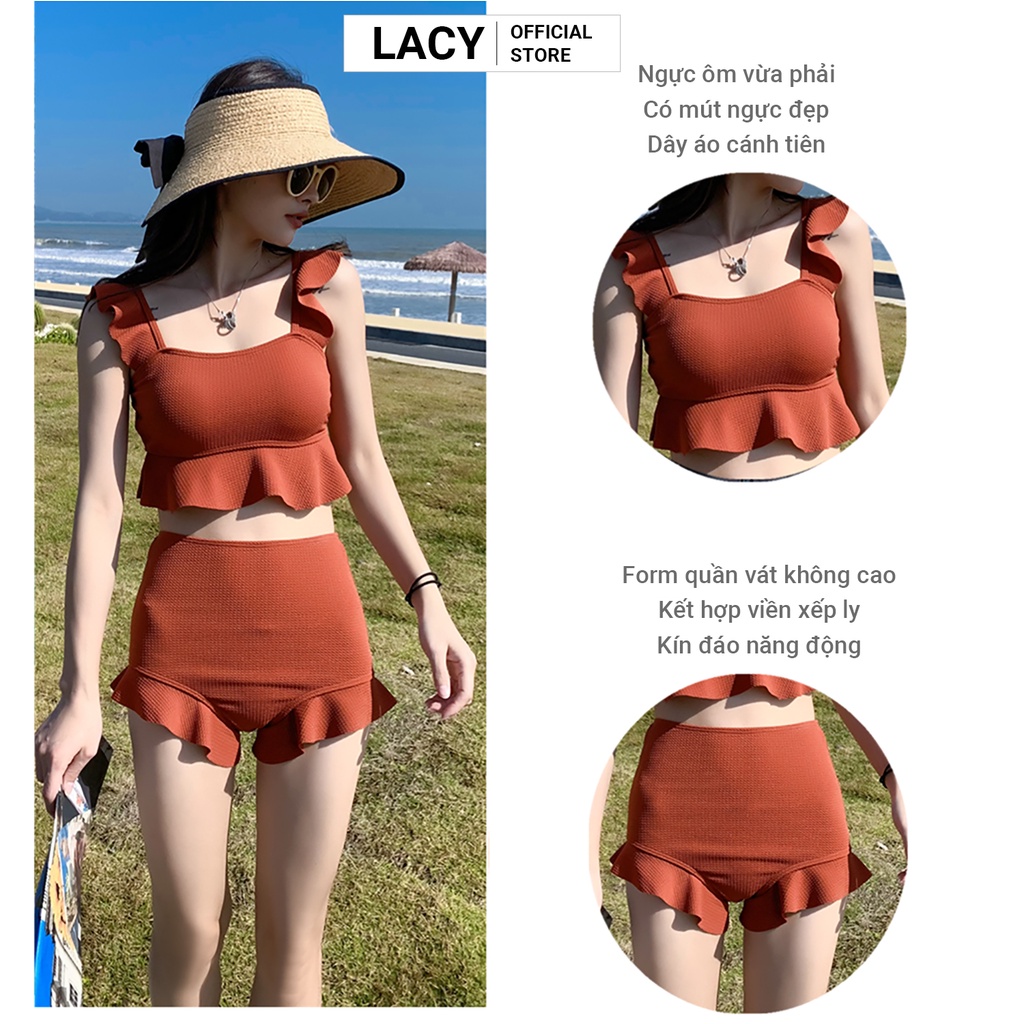 Bikini nữ đồ bơi 2 mảnh kín đáo áo croptop có đệm mút dây xếp ly cánh tiên quần viền xếp ly cạp cao giấu bụng B151 LACY
