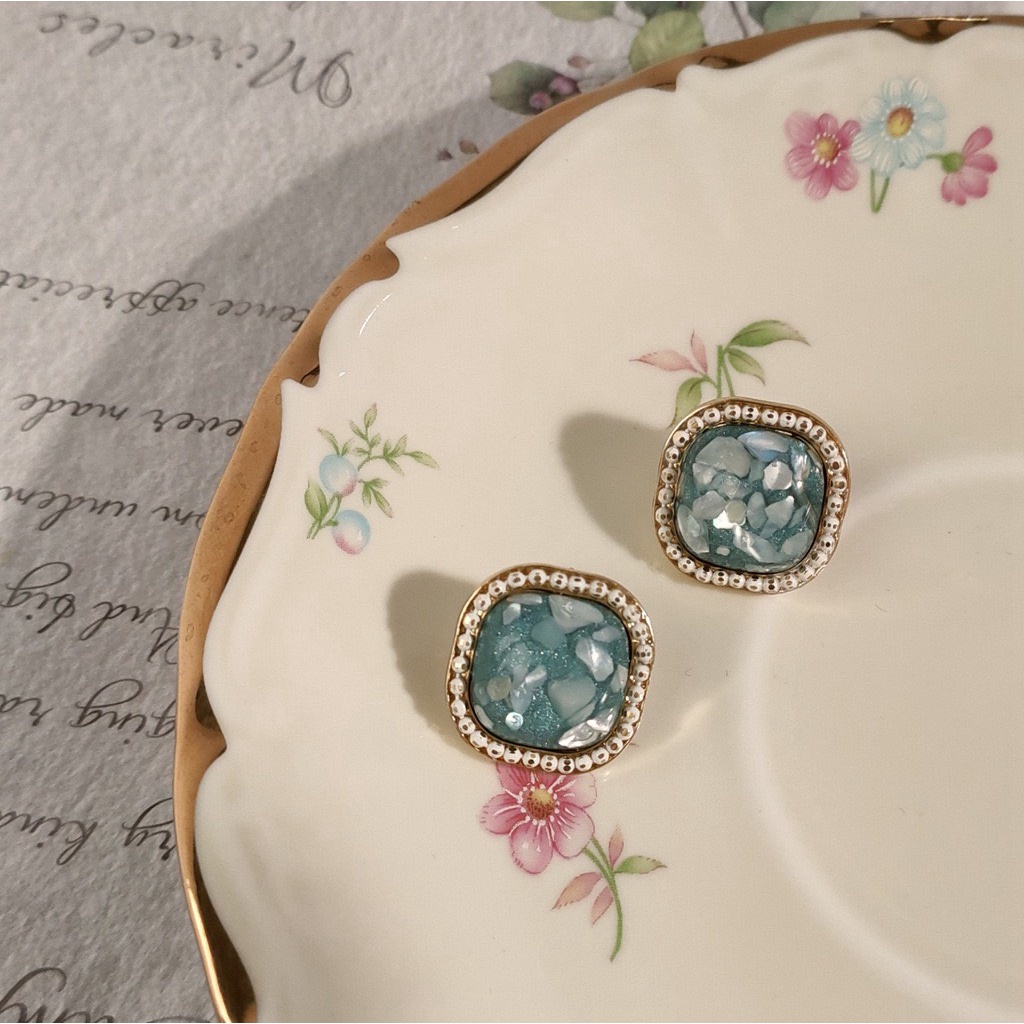 Khuyên tai hình học đá xanh sáng Mạ bạc 925 cao cấp A588