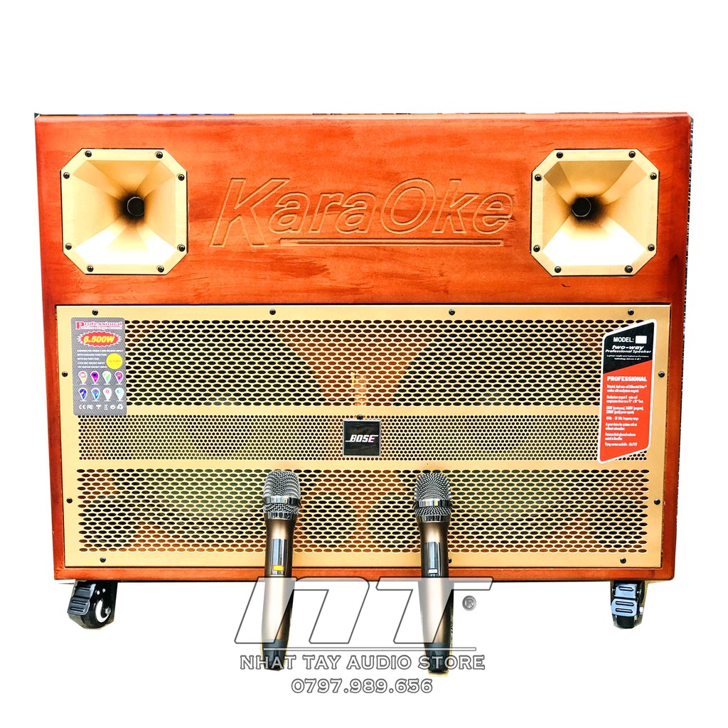 Loa kéo 3 tấc đôi - loa karaoke di động bass đôi công suất lớn kèm 2 micro không dây - thiết kế thùng gổ cao cấp