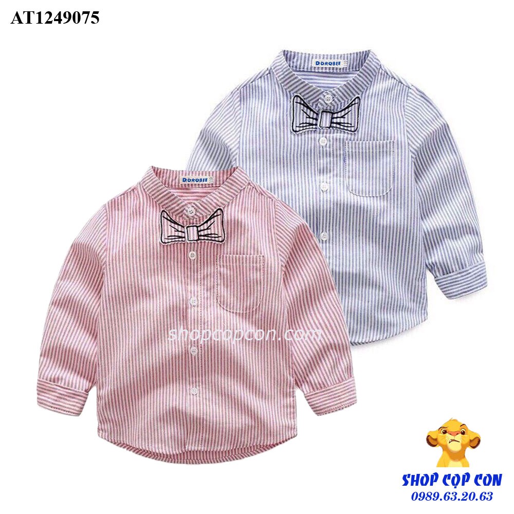 Áo sơ mi tay dài cổ trụ thêu nơ cho bé trai từ 16-48kg