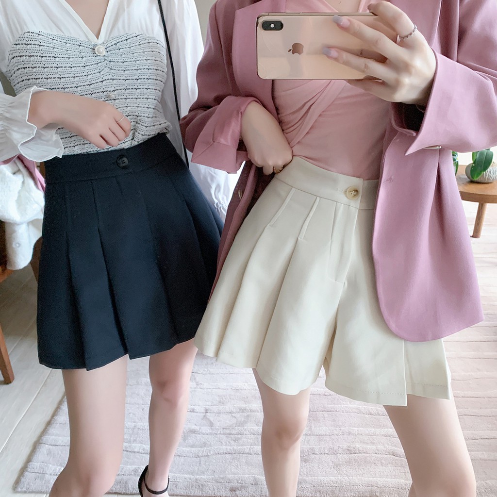 Quần Short Nữ Dập Ly Lưng Chun ⚡ Casper.Store | FREESHIP | ⚡ Quần đùi nữ giả váy dập ly cạp khuy lưng chun 3 màu Basic