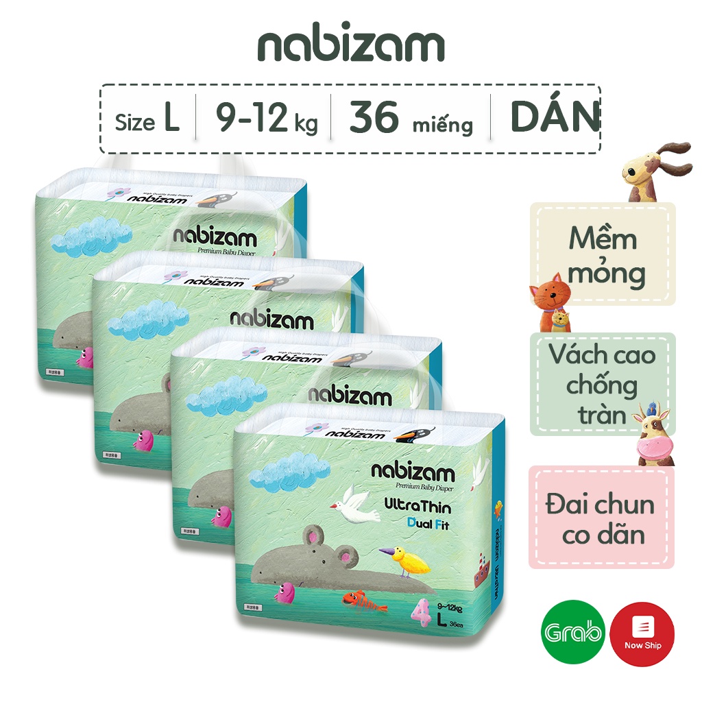 COMBO 4 Bịch Tã/Bỉm Dán NABIZAM Ultra Thin Mỏng Nhẹ, Thấm Hút, Khô Thoáng Size L Cho Bé 9-12kg, 36 Miếng