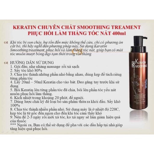 Keratin nguyên chất Smoothing Treatment phục hồi làm thẳng tóc nát 400ml (₫795.000 ₫549.550 31% GIẢM)