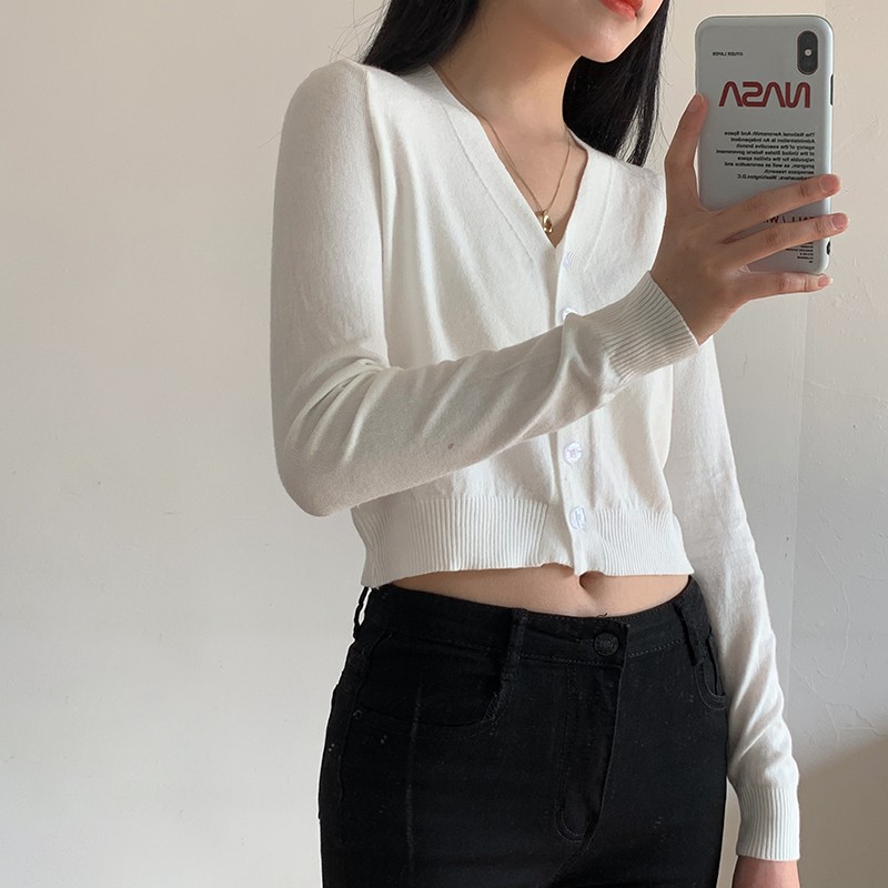 Áo khoác Cardigan Len đan mỏng Cổ tim Dài tay Màu trơn Ulzzang Hàn Quốc Áo Cardigan nữ Tay dài  Thời trang