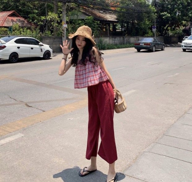 Set Áo Croptop Trễ Vai Họa Tiết Sọc Caro Và Quần Ống Rộng Lưng Cao Thời Trang Cho Nữ