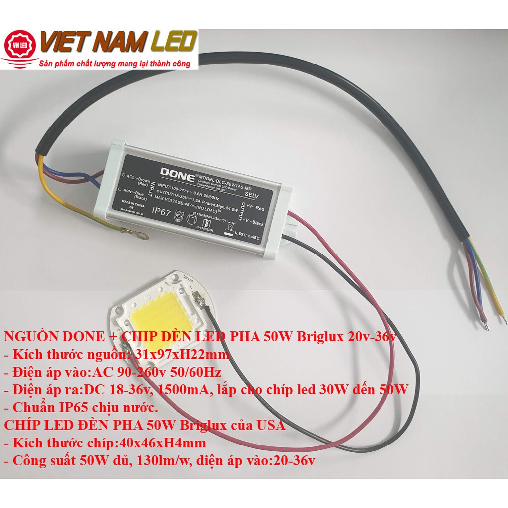 NGUỒN DONE + CHIP ĐÈN LED PHA 50W Briglux 20v-36v