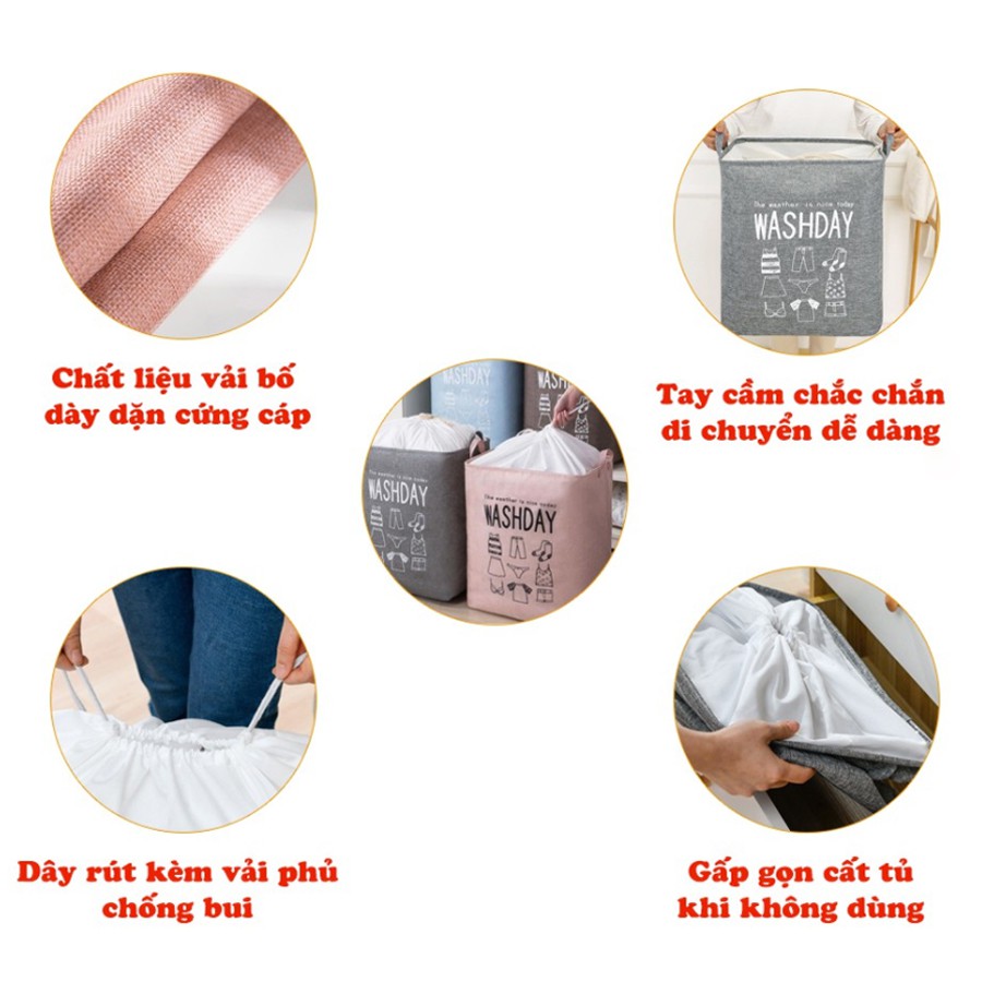 Giỏ đựng quần áo bằng vải cỡ lớn, túi đựng chăn màn đa năng washday có thể gấp gọn vintage xinh xắn