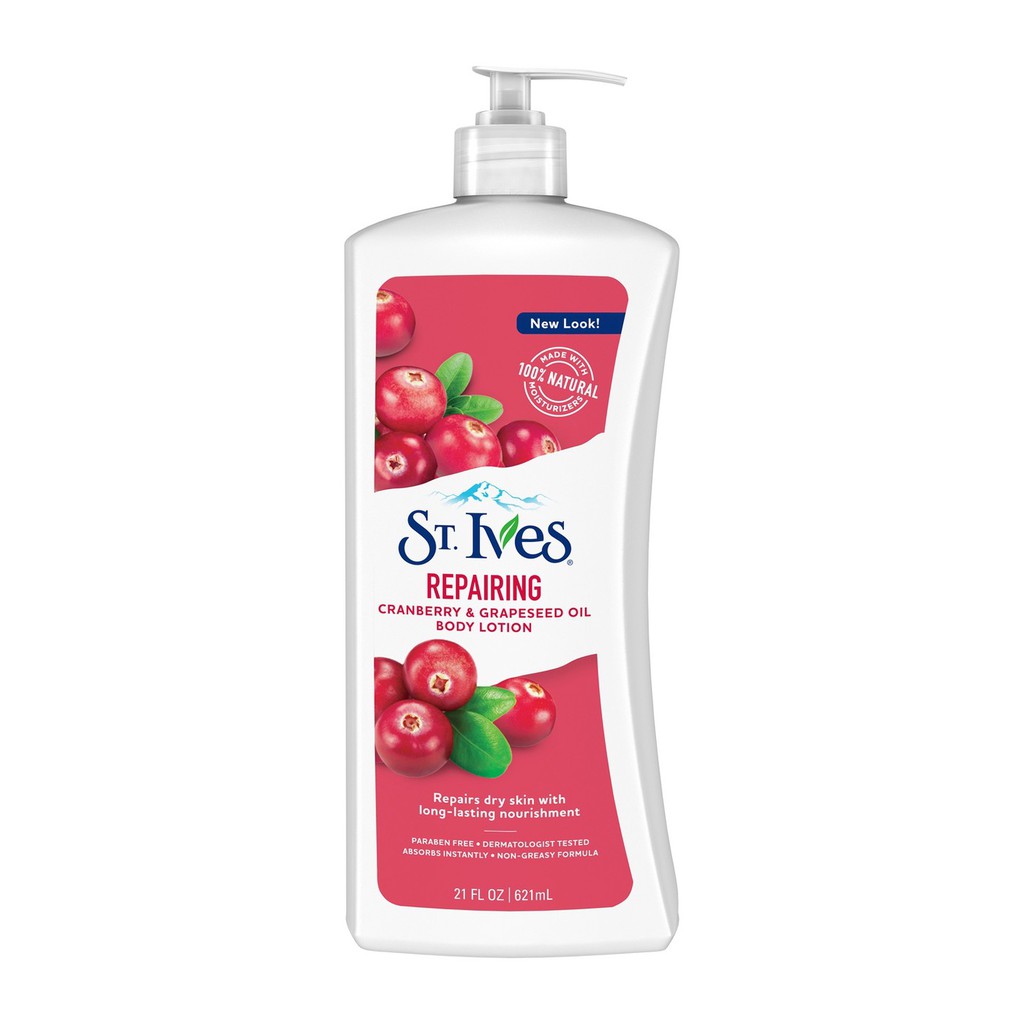 Dưỡng thể giúp phục hồi da St. Ives Repairing Body Lotion Cranberry and Grapeseed Oil 621ml (Hàng nhập Mỹ)
