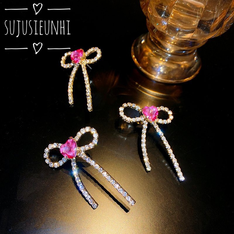 Set khuyên tai xỏ lỗ-kẹp vành hình nơ đính trái tim hồng