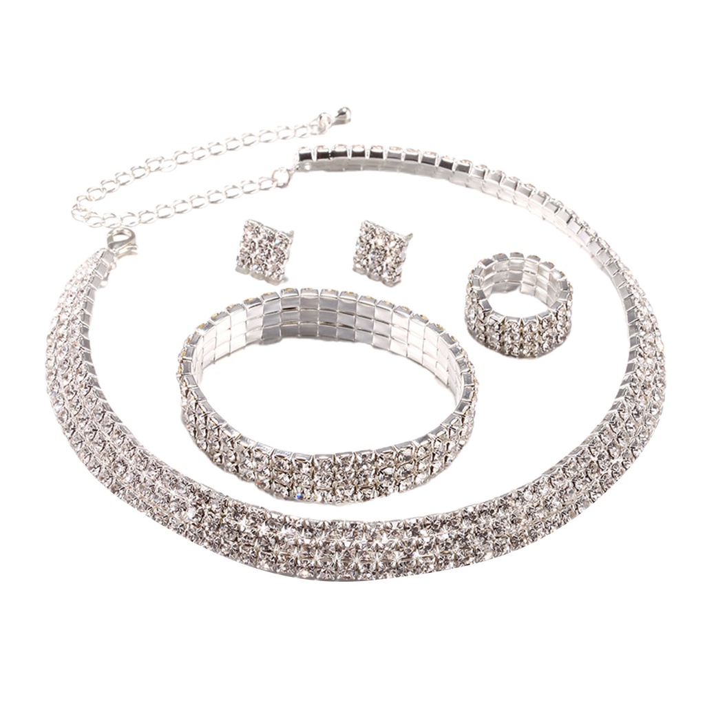 1 Bộ Trang Sức Vòng Tay Nhẫn Bông Tai Họa Tiết Hình Học Đính Đá Lấp Lánh Bắt Mắt Cho Đám Cưới