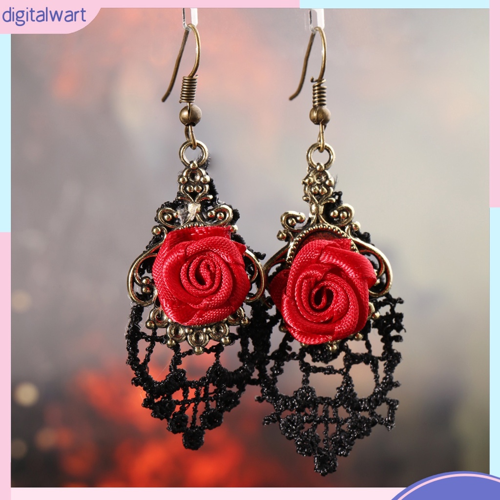 Cặp khuyên tai dáng dài phối ren đính hoa hồng sang trọng thanh lịch dành cho nữ