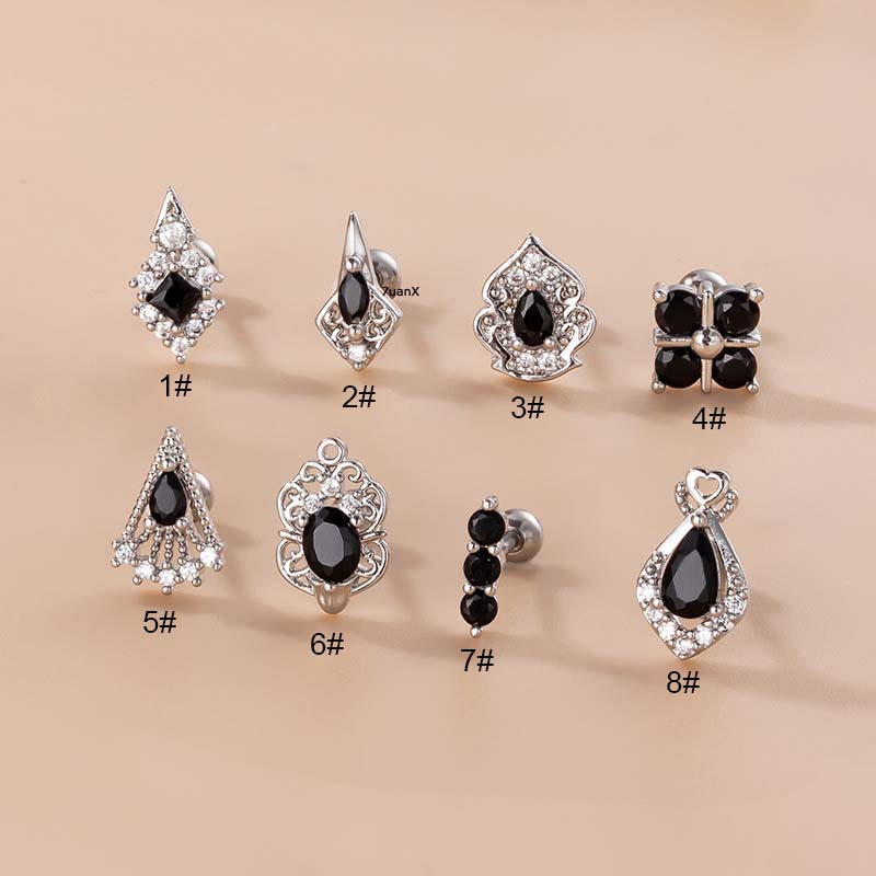 1 Khuyên Xỏ Sụn Tai Bằng Thép Đen Zircon 6mm 20Gauge