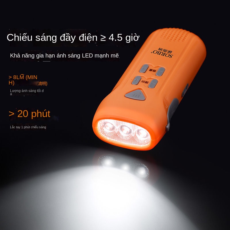 ☫♘๑Đèn pin sạc quay tay Có đèn chiếu sáng ngoài trời Chức năng báo động sạc khẩn cấp Đèn pin quay tay có radio