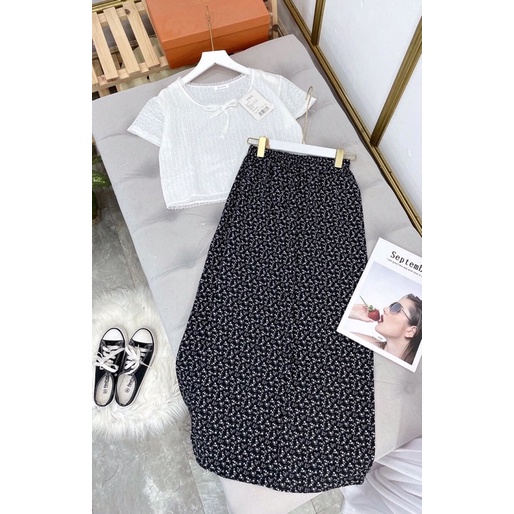 Set áo croptop kèm chân váy dài hoa nhí vintage | BigBuy360 - bigbuy360.vn