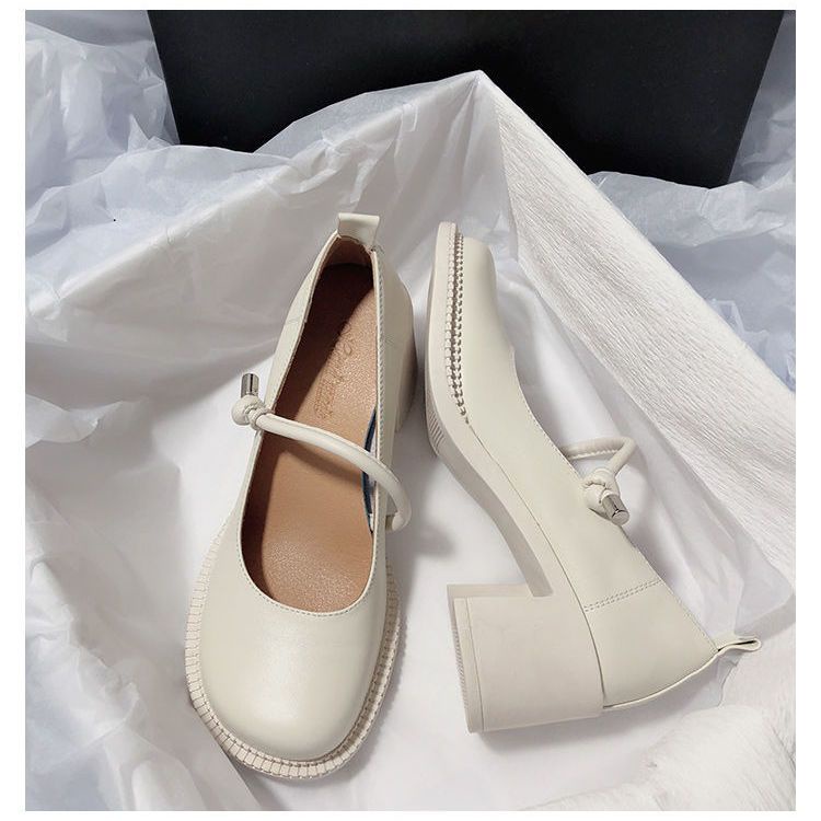 Giày Cao Gót Mũi Tròn Chất Liệu Da Mềm Phong Cách Retro