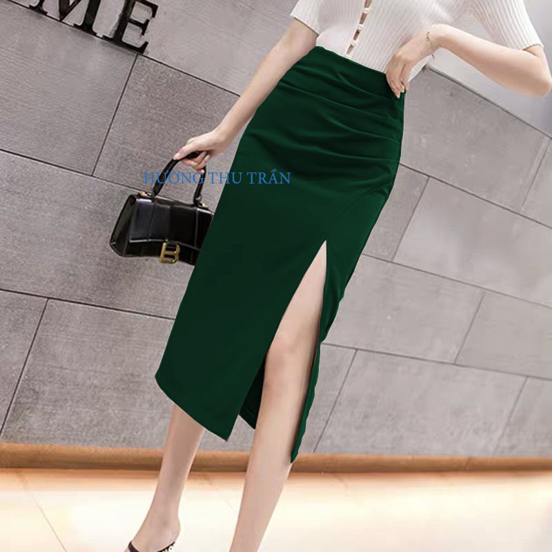 HOT Chân váy ôm xẻ đùi cao dáng dài che bụng CÓ ẢNH THẬT, Váy Bút Chì Xếp Li Bụng Xẻ Trước có cạp d68cm