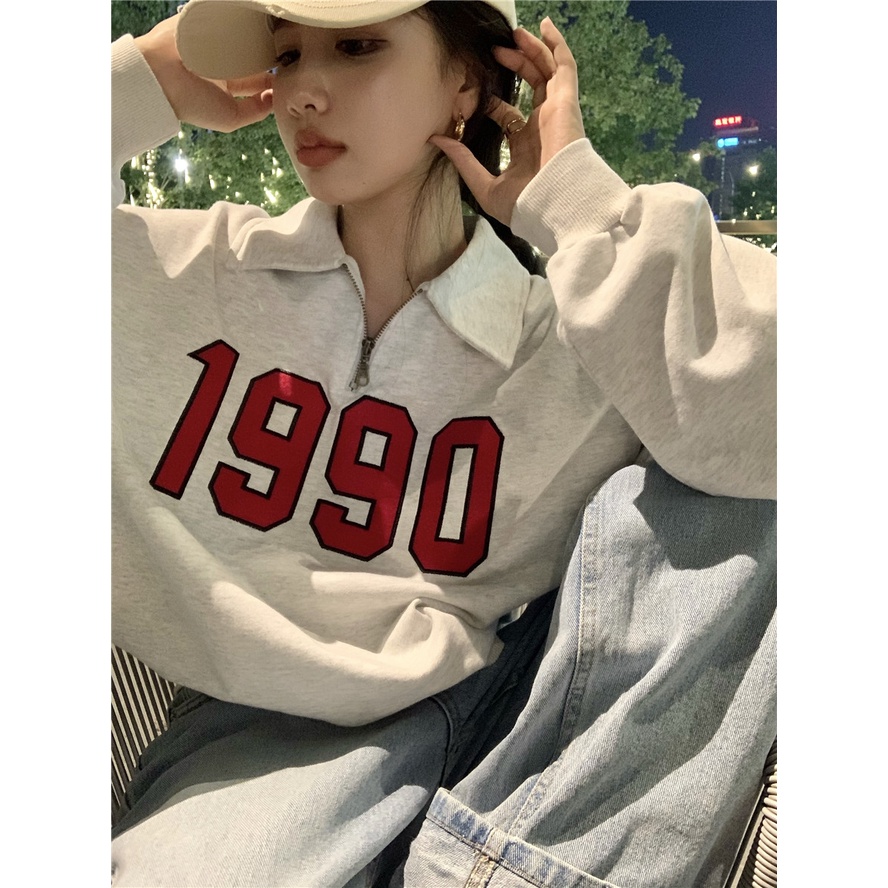 Porozi  Áo sweater tay dài cổ bẻ in họa tiết phong cách Hàn Quốc thời trang dành cho nữ