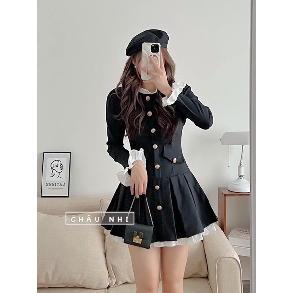 Đầm Đen Phối Bèo Trắng Cúc Đồng Hàng Thiết Kế Quảng Châu Cao Cấp