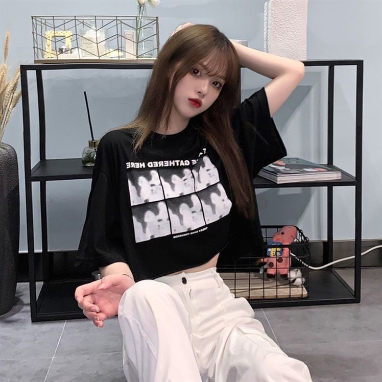 Áo croptop tay ngắn dáng rộng phong cách Hàn Quốc thời trang mùa hè cho nữ