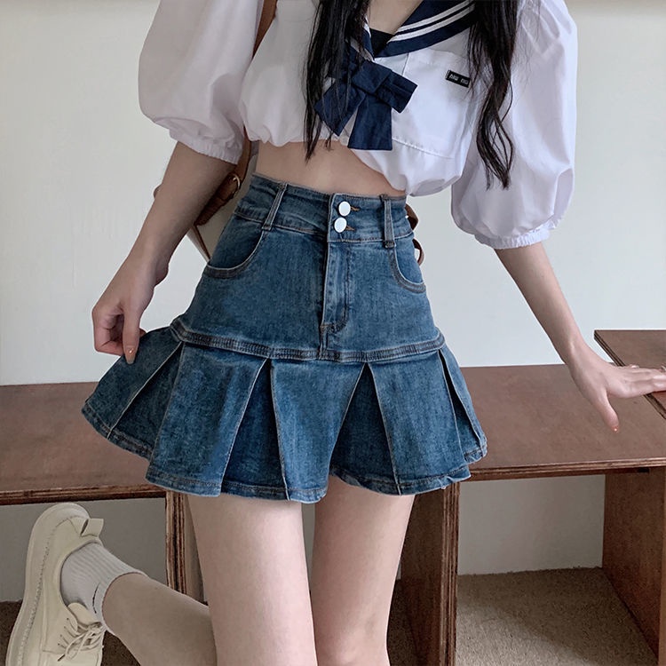 COZOK Chân váy jean Lưng Cao Phối Bèo Phong Cách Vintage Thời Trang