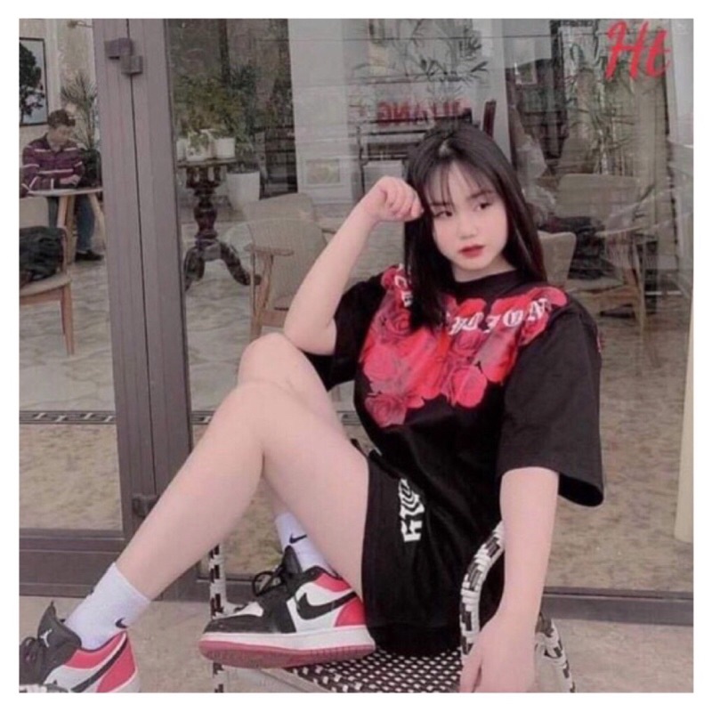 [Sale sốc] Áo Thun Unisex Form Rộng Tay Lỡ- Áo Phông Hoa Hồng Đen Hot Hit