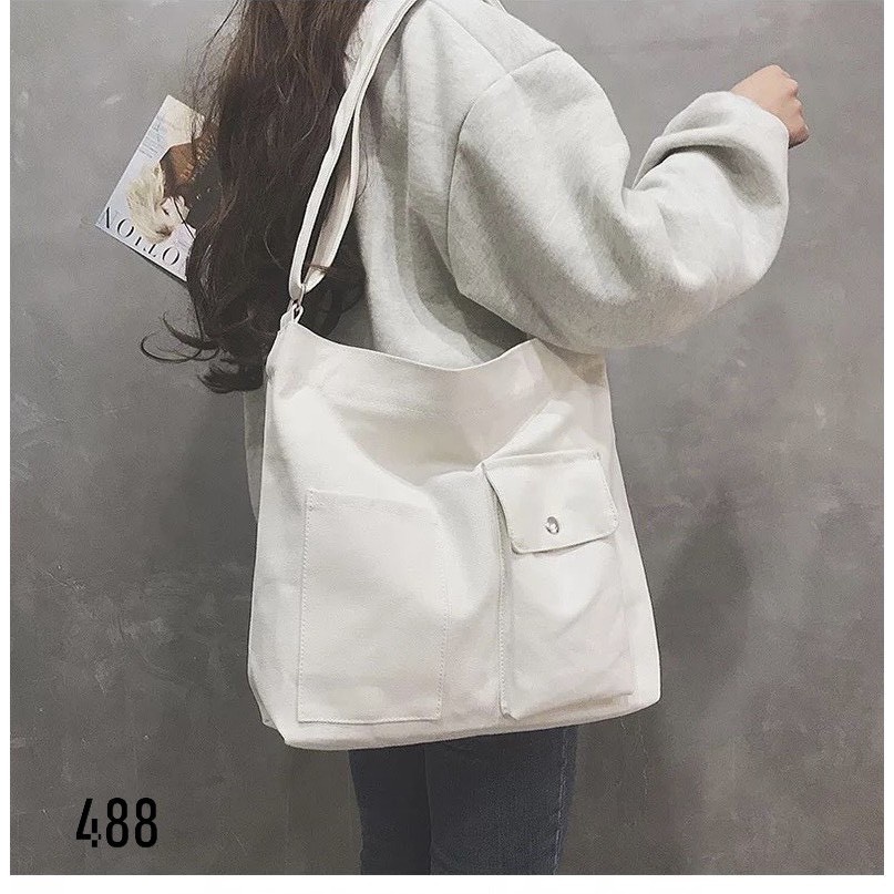 Túi vải Canvas Unisex đeo chéo có túi nhỏ tiện ích rộng rãi Phong cách Ulzzang