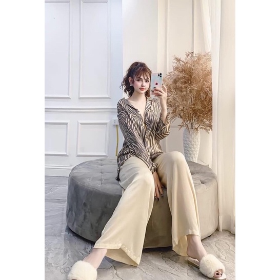 Pijama dài dài studio xọc đen nữ