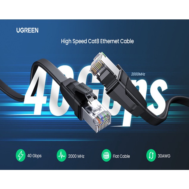 Dây cáp mạng RJ45 Cat8 dẹt 5met Ugreen 10983 Chính Hãng NW134 (Tốc độ 40Gbps-2000MHz)