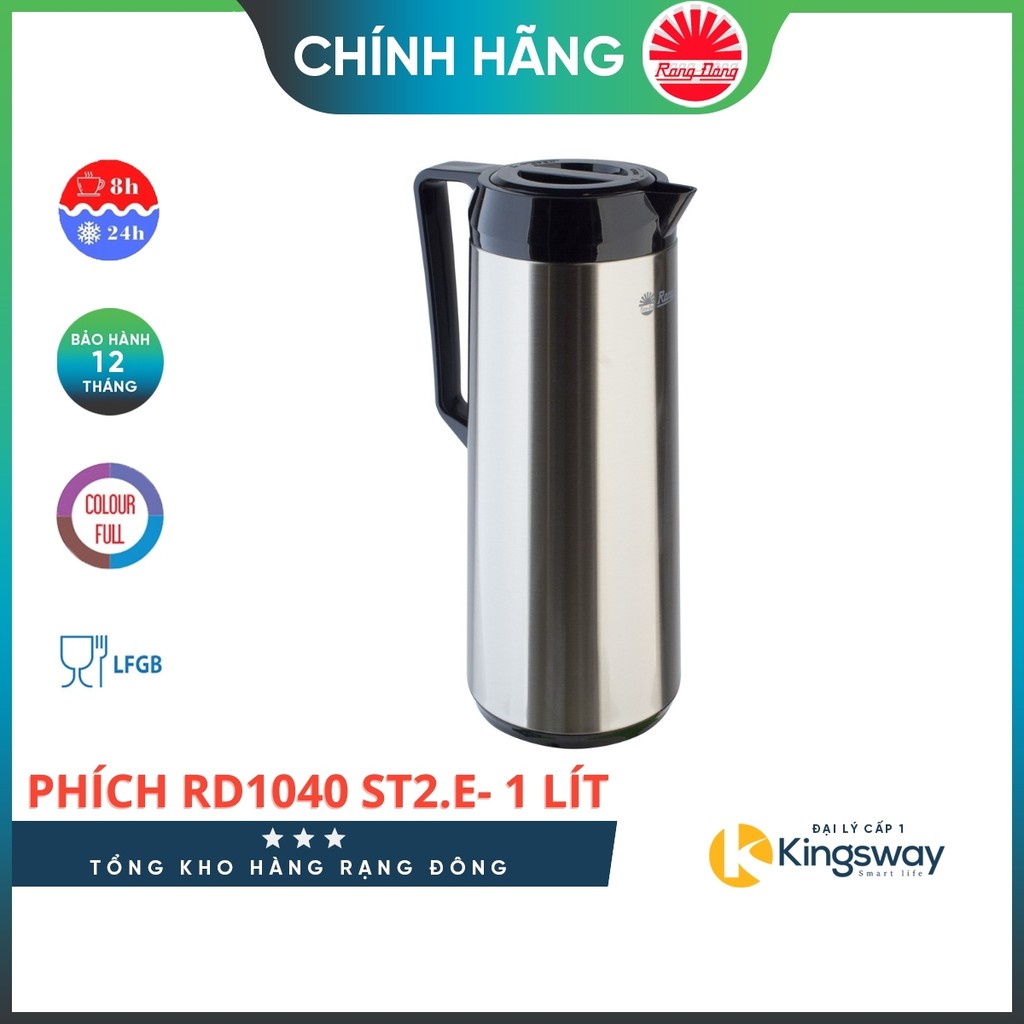 Phích pha trà Rạng Đông 1040 ST2E - Phích nước giữ nhiệt dung tích 1 lít, thân Inox vai nhựa