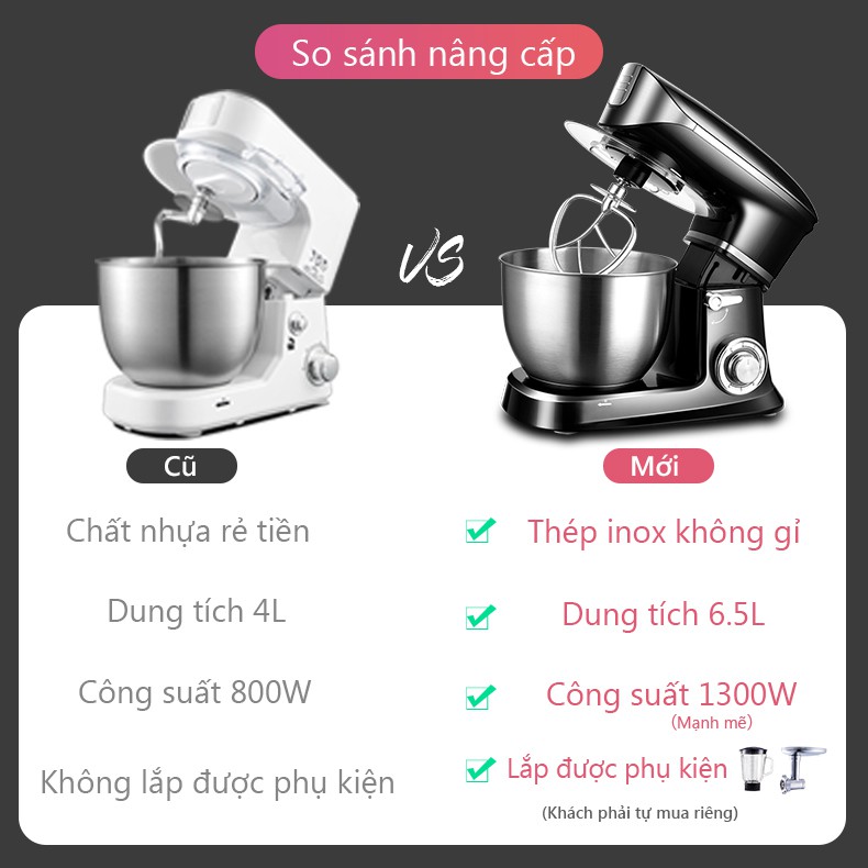 Máy đánh trứng, máy trộn bột, dung tích 6.5 lít công suất 1300W, máy nhào bột, máy đánh kem - YA19