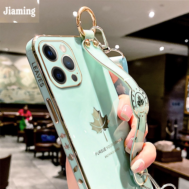 Ốp Điện Thoại Mạ Điện Họa Tiết Lá Phong Sang Trọng Kèm Giá Đỡ Và Dây Đeo Cho iPhone 11 12 13 Pro Max