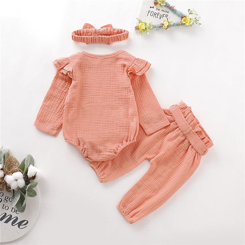 Bộ đồ cotton 3 món MIKRDOO gồm áo liền quần tay dài và quần dài phối băng đô mềm mại cho bé sơ sinh