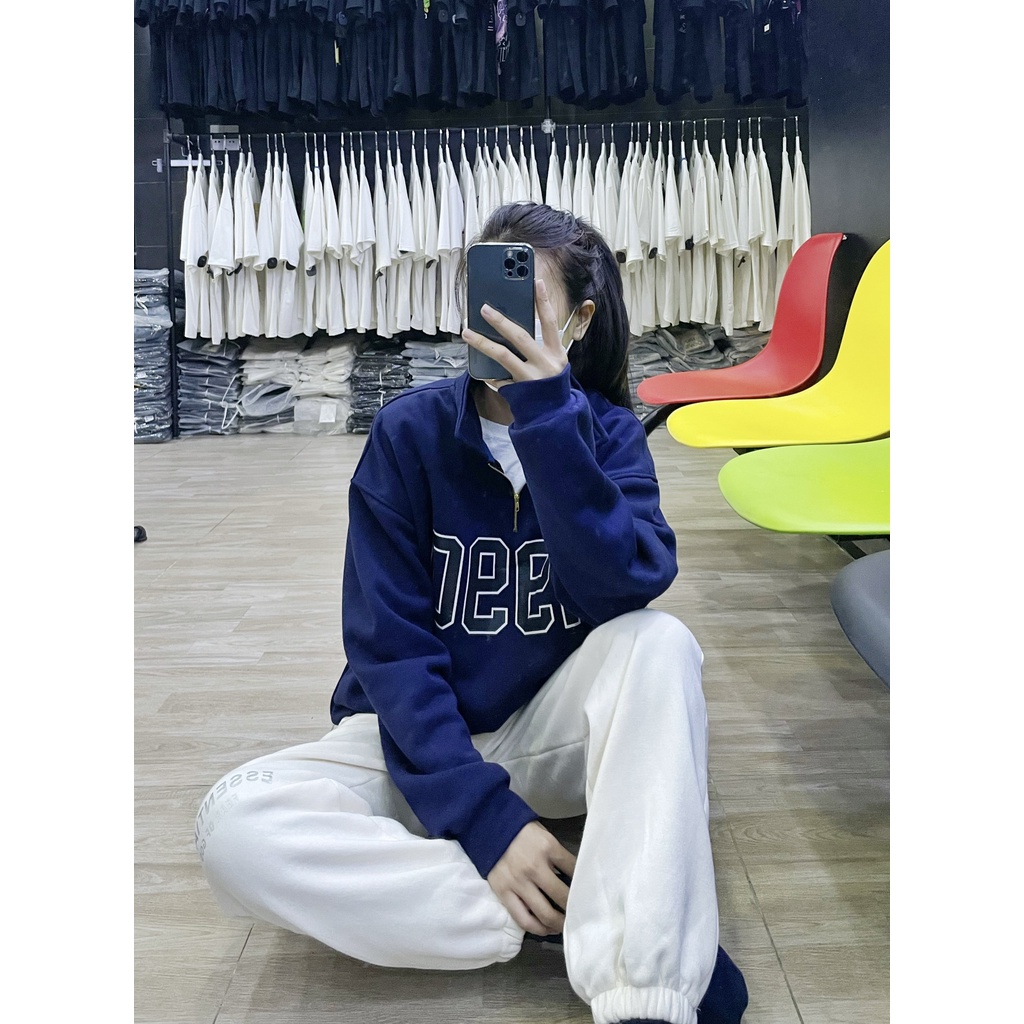 Áo Sweater 1990 Boin shop chất nỉ bông cotton dày phối cổ polo có zip from rộng unisex cho cả nam và nữ siêu đẹp