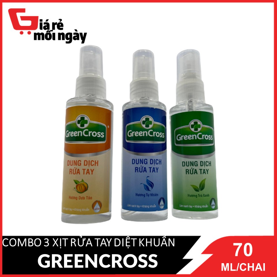 Combo 3 chai Xịt rửa tay diệt khuẩn GreenCross đủ mùi (Dưa táo/Trà xanh/Tự nhiên) 70mlX3