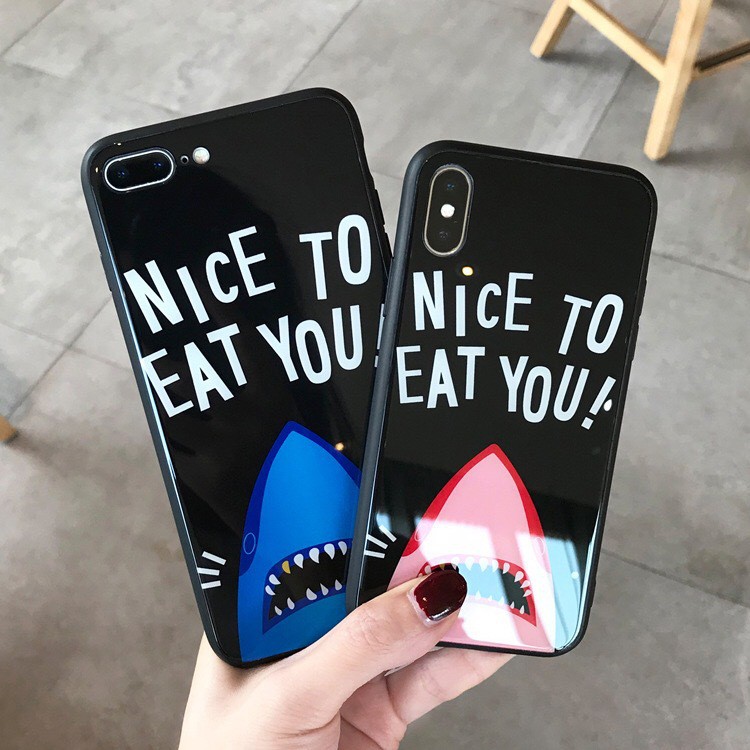 ốp lưng iphone 7 plus nice to eat you hàm cá mập mặt lưng kính viền dẻo cho iphone 6 7 8 xs 11 pro max k280