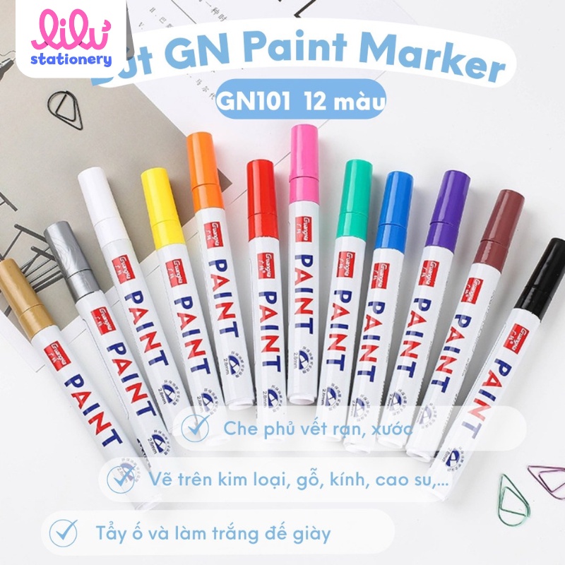 Bút sơn vẽ ô tô giày xe mô hình thủy tinh gỗ nhựa giấy kim loại GN Paint Marker GN101 repaint mực 12 màu