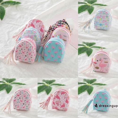 Túi ví đựng tiền xu mini in hình chim hồng hạc có móc khóa cho nữ