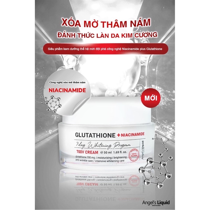 Kem dưỡng làm trắng mờ nám Angel's Liquid Glutathione Plus Niacinamide 700 V 7day Cream 50ml MẪU MỚI