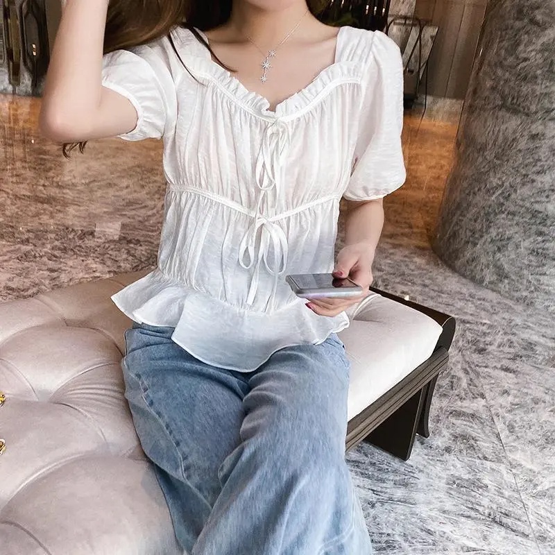 Áo Kiểu Tay Ngắn Thiết Kế Dây Cột Phong Cách retro Thiết Kế Mới Cho Nữ Dễ Phối Đồ