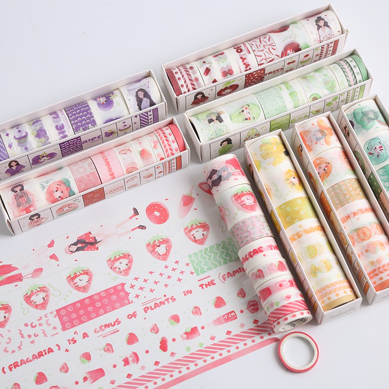 Hộp10cuộn băng dính trang trí washi tape hoa quả nhiều màu