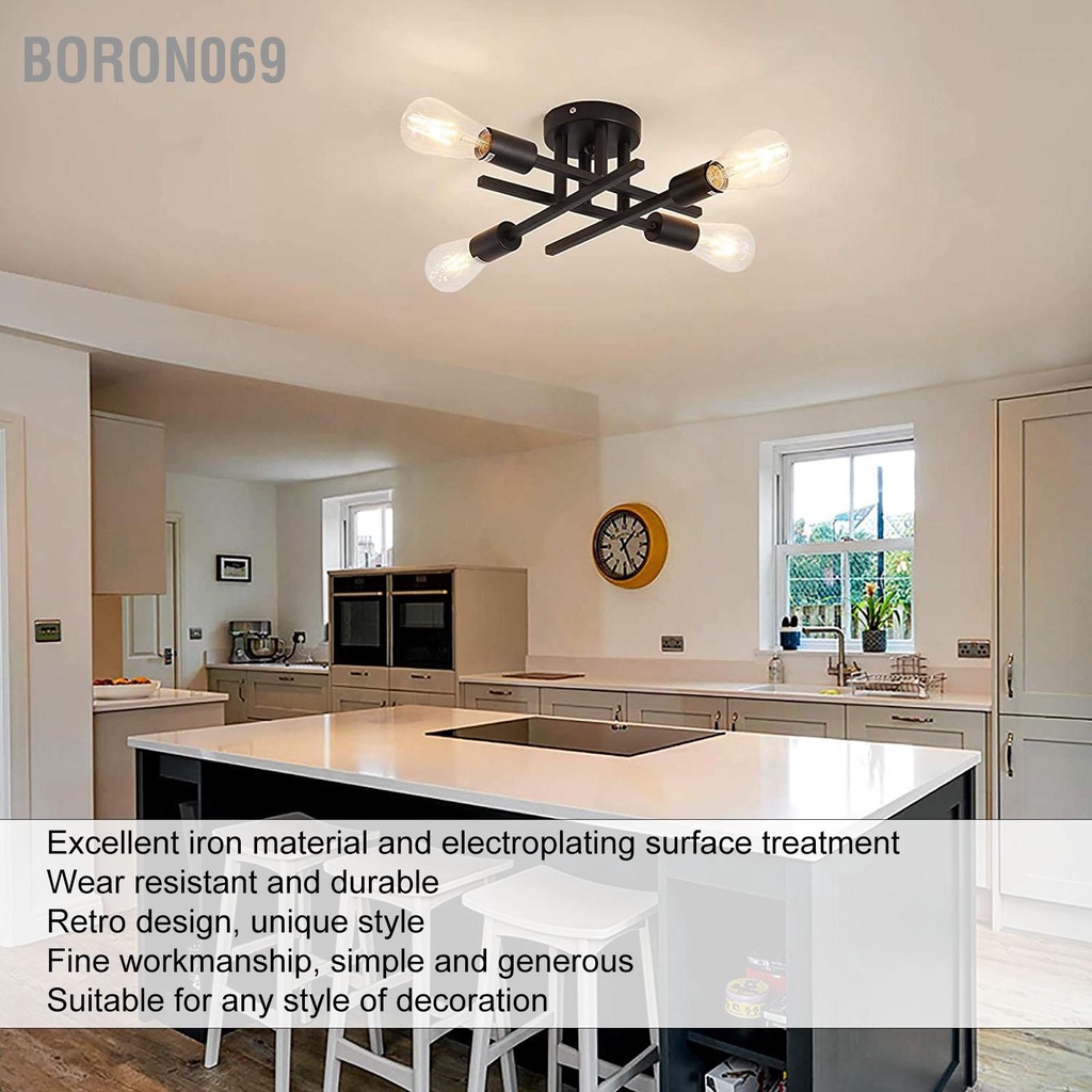 Boron069 Đèn chiếu sáng trần hiện đại 4 đèn chùm gắn mặt dây chuyền bán phẳng E27 Đen