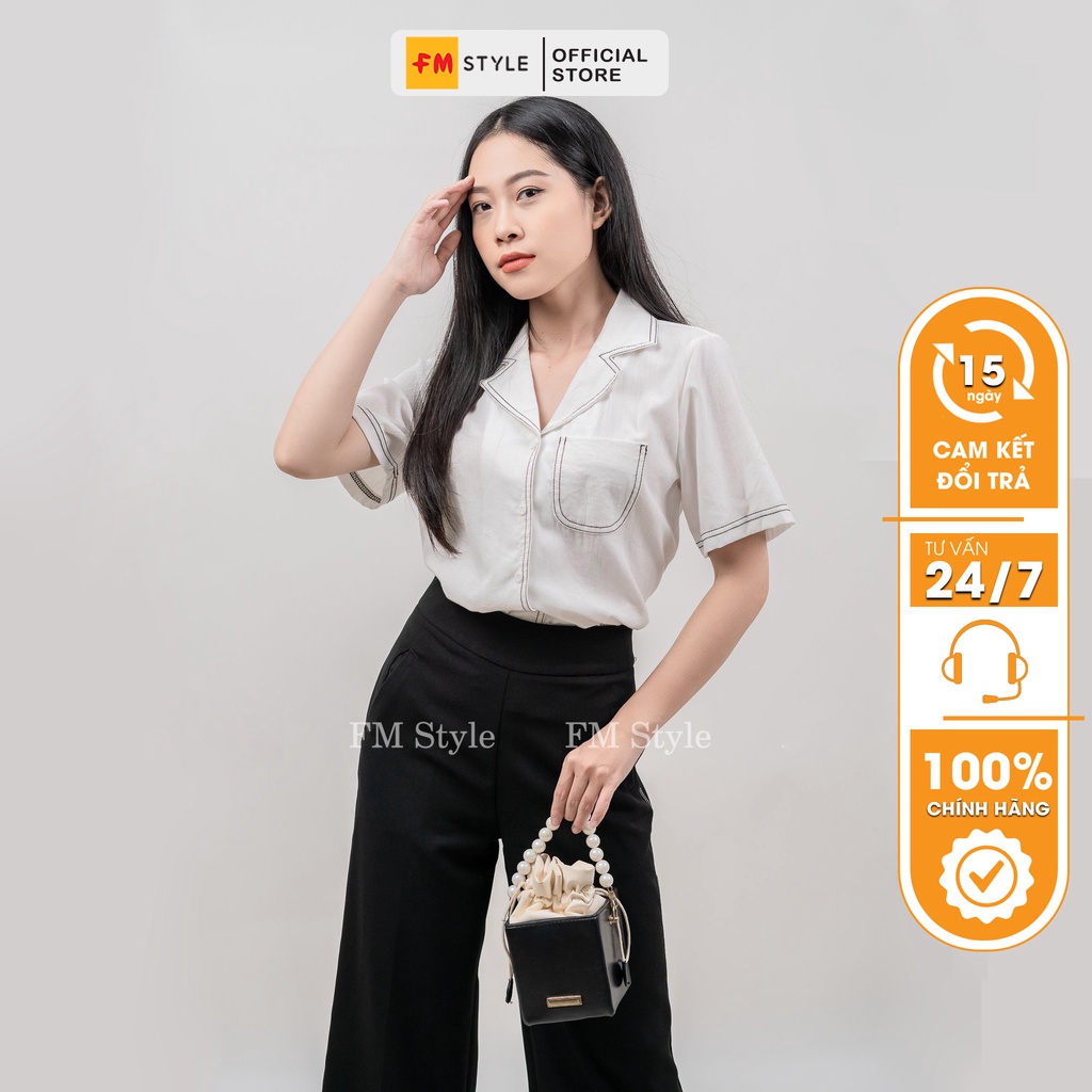 Áo sơ mi nữ tay ngắn FM Style form rộng vải cotton cao cấp họa tiết chỉ nổi ulzzang mang đi học đi làm 220323405